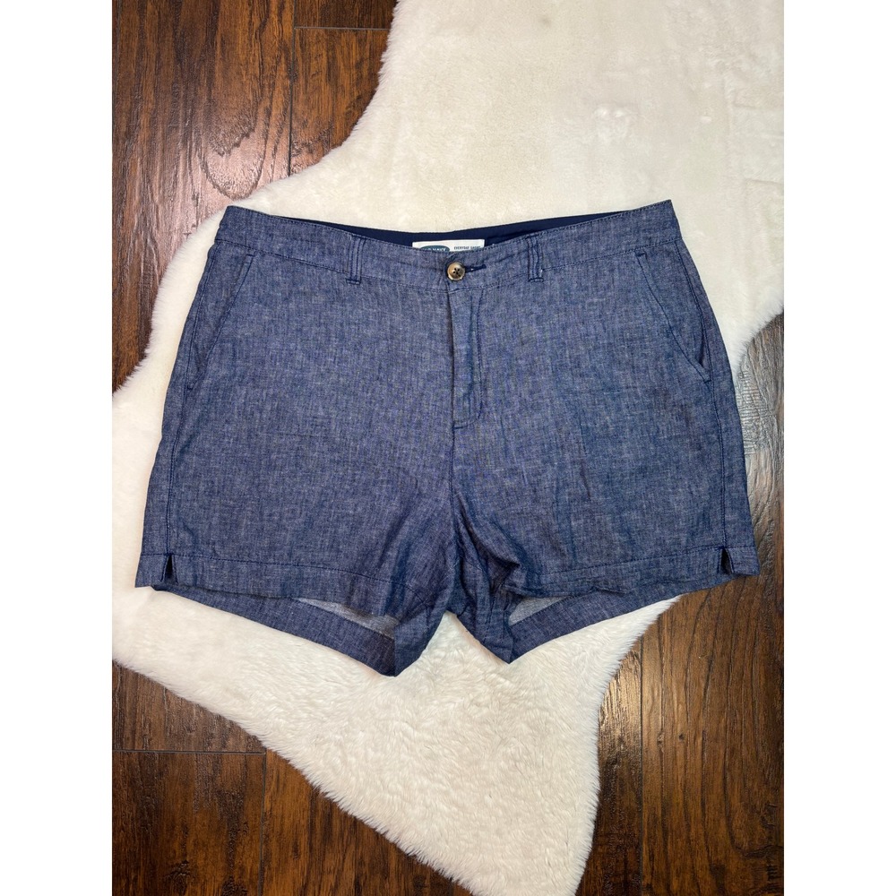 Old Navy Everyday Short 14 Blue Herringbone High Rise Linen Cotton Blend Women